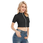 Black All-Over Print Women's Short Sleeve T-shirt With Two-way Zipper