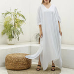 White All-Over Print Women's Imitation Silk V-neck Kaftan Robe