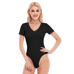 Black All-Over Print Women's V-neck Bodysuit With Short Sleeve