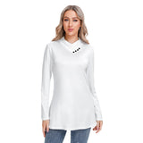 White All-Over Print Women's Long-sleeved Heap-neck Slim Casual Tunic Blouse