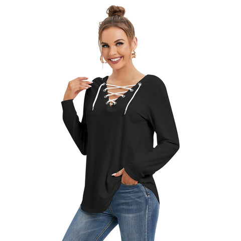 Black All-Over Print Women's Long Sleeve Neckline Tie Sweatshirt