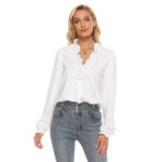 White All-Over Print Women's Pleated Collar V-neck Shirt