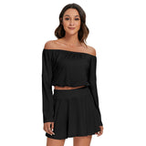 Black All-Over Print Women's Off-shoulder Top And Skirt Set