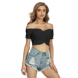 Black All-Over Print Women's One-shoulder Off-the-navel Short Sleeve T-shirt