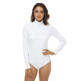 White All-Over Print Women's Stretchy Turtleneck Long Sleeve Bodysuit