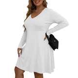 White All-Over Print Women's V-neck Long Sleeve Dress(Plus Size)