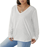 White All-Over Print Women's V-neck T-shirt With Curved Hem(Plus Size)