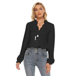 Black  All-Over Print Women's Pleated Collar V-neck Shirt