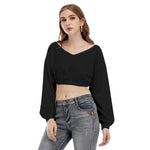 Black All-Over Print Women's V-neck Long Sleeve Cropped Sweatshirt