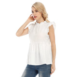 White All-Over Print Women's Blouse With Lotus Leaf Lace