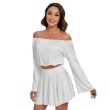 White All-Over Print Women's Off-shoulder Top And Skirt Set