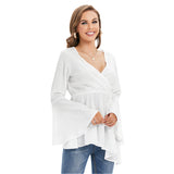 White All-Over Print Women's V-neck Blouse With Flared Sleeves