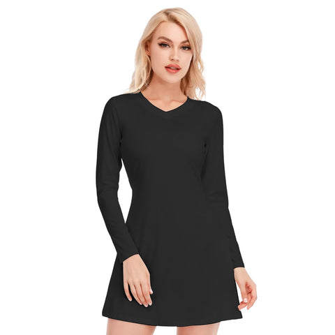 Black All-Over Print Women's V-neck Long Sleeve Dress