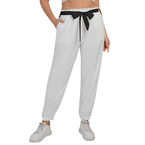 White All-Over Print Women’s Trousers With Waist Belt(Plus Size)