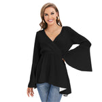 Black All-Over Print Women's V-neck Blouse With Flared Sleeves