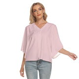 Pink All-Over Print Women's Bat Sleeve Light V-neck Front Buttoned Top