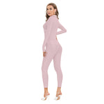 Pink All-Over Print Women's Long-sleeved High-neck Jumpsuit With Zipper