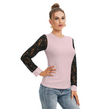 Pink All-Over Print Women's T-shirt And Sleeve With Black Lace