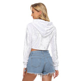 White All-Over Print Women's Crop Top Hoodie|Velvet