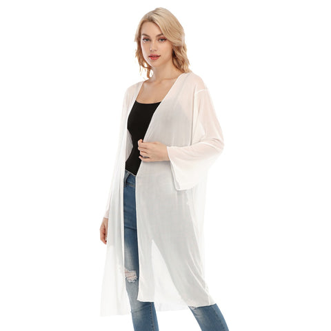 White All- Over Print Women's Long Sleeve Mesh Cardigan