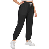 Black All-Over Print Women's Sports Trousers With Waist Drawstring (Plus Size)