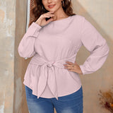 Pink All-Over Print Women's Round Neck Blouse With Waist Knot (Plus Size)