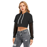 Black All-Over Print Women's Fake Two-piece Mesh Sleeve Cropped Hoodie