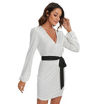 White All-Over Print Women's Long Sleeve Dress With Waist Belt