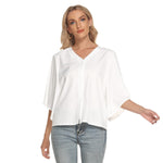 White All-Over Print Women's Bat Sleeve Light V-neck Front Buttoned Top