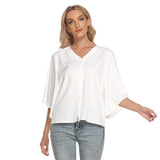 White All-Over Print Women's Bat Sleeve Light V-neck Front Buttoned Top