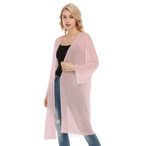 Pink All- Over Print Women's Long Sleeve Mesh Cardigan