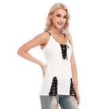 White All-Over Print Women's V-neck Eyelet Lace-up Cami Dress