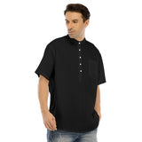 Black All-Over Print Men's Stand-up Collar T-shirt With Button Closure