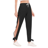 Black All-Over Print Women's High Side Slits Pants With Bottom Strap