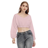 Pink All-Over Print Women's V-neck Long Sleeve Cropped Sweatshirt