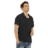 Black All-Over Print Men's Lapel Collar Short Sleeve T-shirt With Concealed Placket