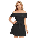 Black All-Over Print Women's Off-shoulder Dress With Ruffle