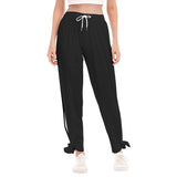 Black All-Over Print Women's High Side Slits Pants With Bottom Strap