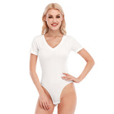 White All-Over Print Women's V-neck Bodysuit With Short Sleeve