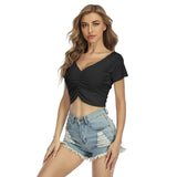 Black All-Over Print Women's Raglan Drawstring Front Crop Tee