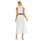 White All-Over Print Women's Wrap Hem Belted Halter Dress