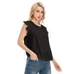 Black All-Over Print Women's O-neck T-shirt With Ruffle Sleeves