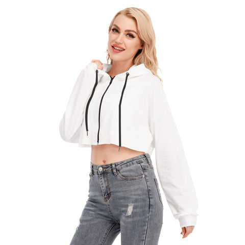 White All-Over Print Women's Cropped Hoodie With Zipper Closure