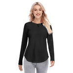 Black All-Over Print Women's Raglan Sleeves U-Shaped Hem Long Sleeves Blouse