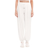 White All-Over Print Women's Loose Striped Trousers With Waist drawstring