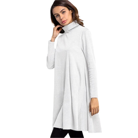 White All-Over Print Women's High Neck Dress With Long Sleeve