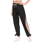 Black All-Over Print Women's High Side Slits Pants With Bottom Strap