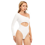 White All-Over Print Women's Long-sleeved Waist-cut Bodysuit With One-sleeve