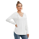 White All-Over Print Women's Long Sleeve Neckline Tie Sweatshirt