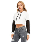 White All-Over Print Women's Fake Two-piece Mesh Sleeve Cropped Hoodie